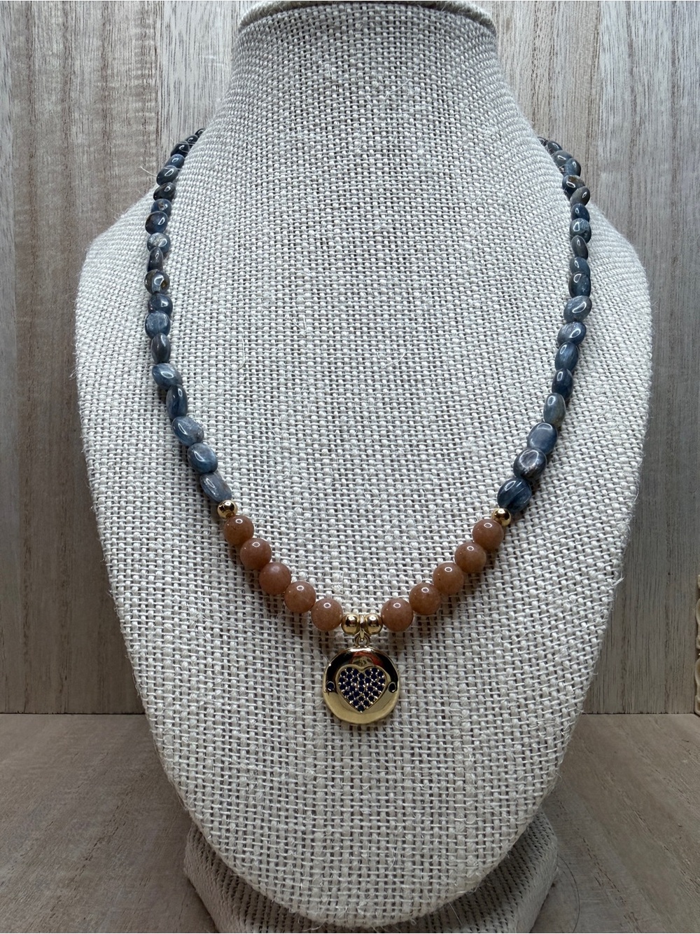 Blue Heart Pendant Kyanite & Beige Aventurine Necklace